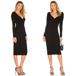 A.L.C. Dafne Dress Black Size Large Ribbed Knit Midi Length Ling Puff Sleeves